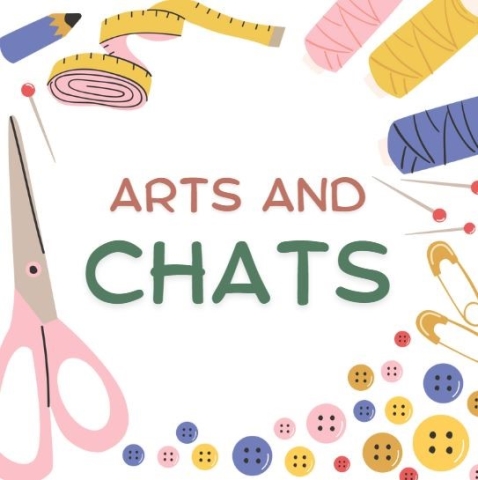 "Arts and Chats" surrounded by border of craft supplies