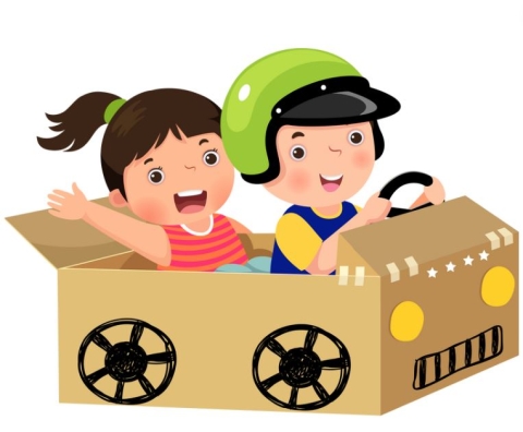 Graphic of two children in a handmade cardboard racecar. 